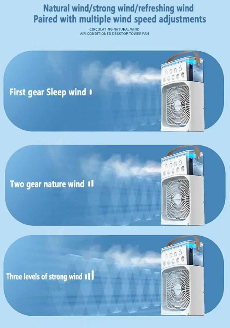 Portable humidifier fan three in one, mini USB air conditioning fan, LED night light, water mist, home fun air cooler humidifier