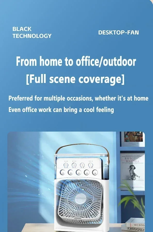 Portable humidifier fan three in one, mini USB air conditioning fan, LED night light, water mist, home fun air cooler humidifier