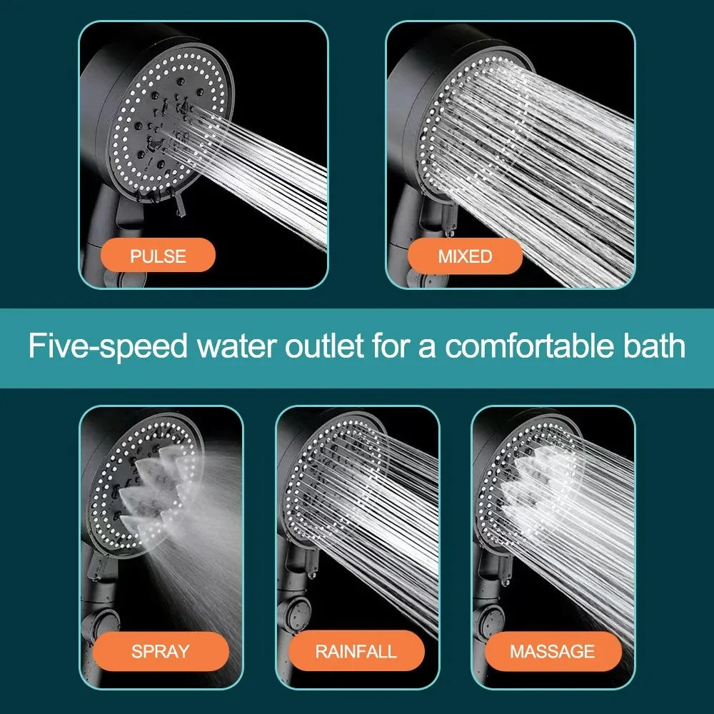 High Pressure Shower Head 5 Modes Adjustable Showerheads Bathroom Accessories with Hose Water Saving One-Key Stop Spray Nozzle