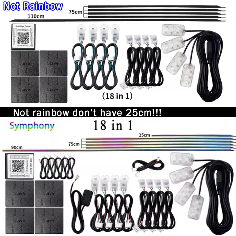 10/14/18 in 1 Led Car Ambient Lights 213 64 Color RGB Symphony Streamer Bluetooth Rainbow Acrylic Strips Atmosphere Lamp Kit 12V