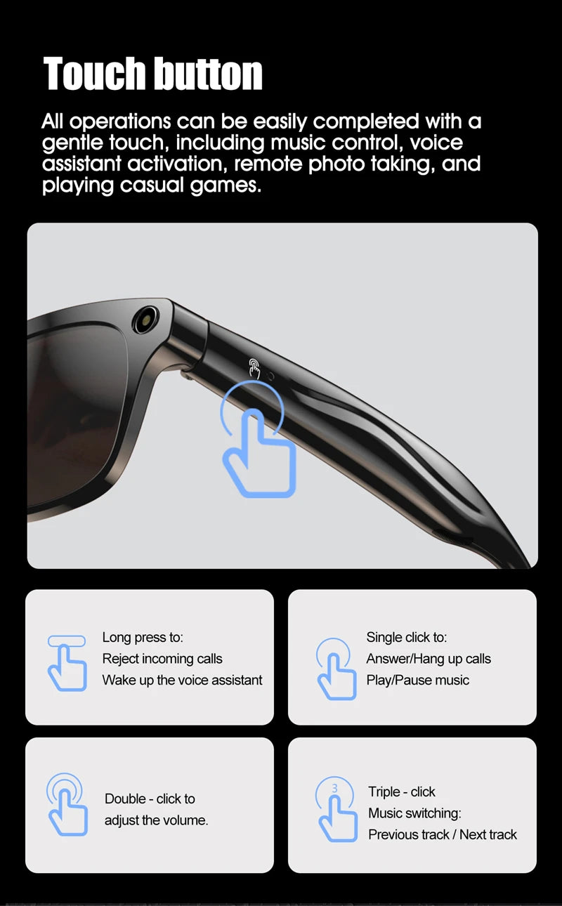 AI Smart Camera Glasses 100MP 260mAh Long-lasting Battery Voice Assistant Control Music Calling Sport Smart Glasses