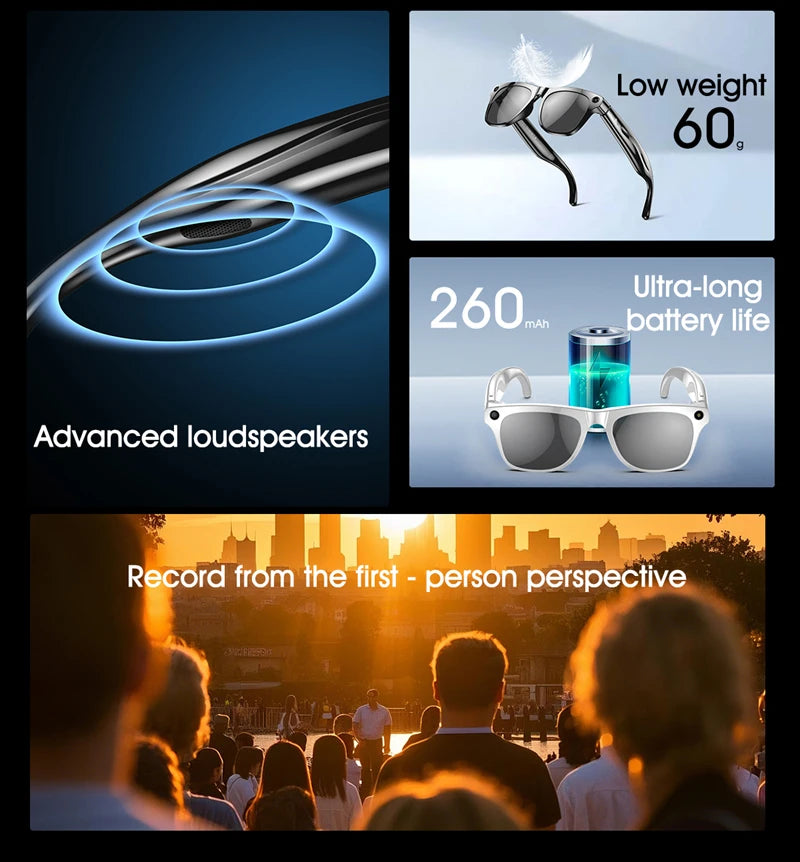 AI Smart Camera Glasses 100MP 260mAh Long-lasting Battery Voice Assistant Control Music Calling Sport Smart Glasses