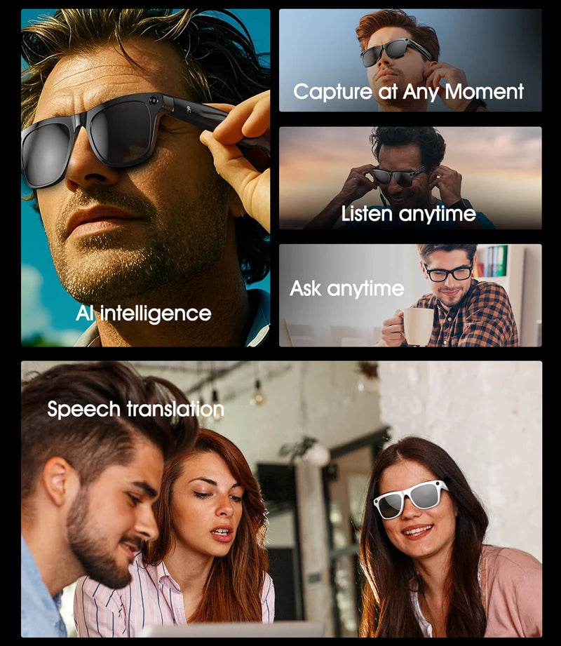 AI Smart Camera Glasses 100MP 260mAh Long-lasting Battery Voice Assistant Control Music Calling Sport Smart Glasses